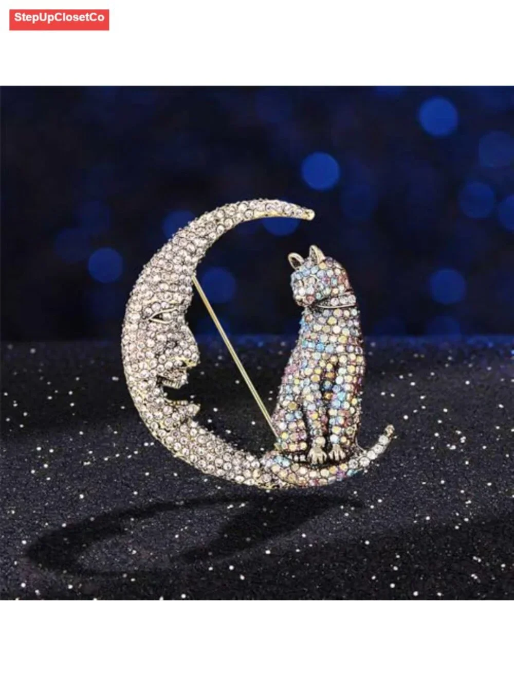Rhinestone Cat on Moon Brooch Pin Vintage AB Crystal Kitten Crescent Celestial